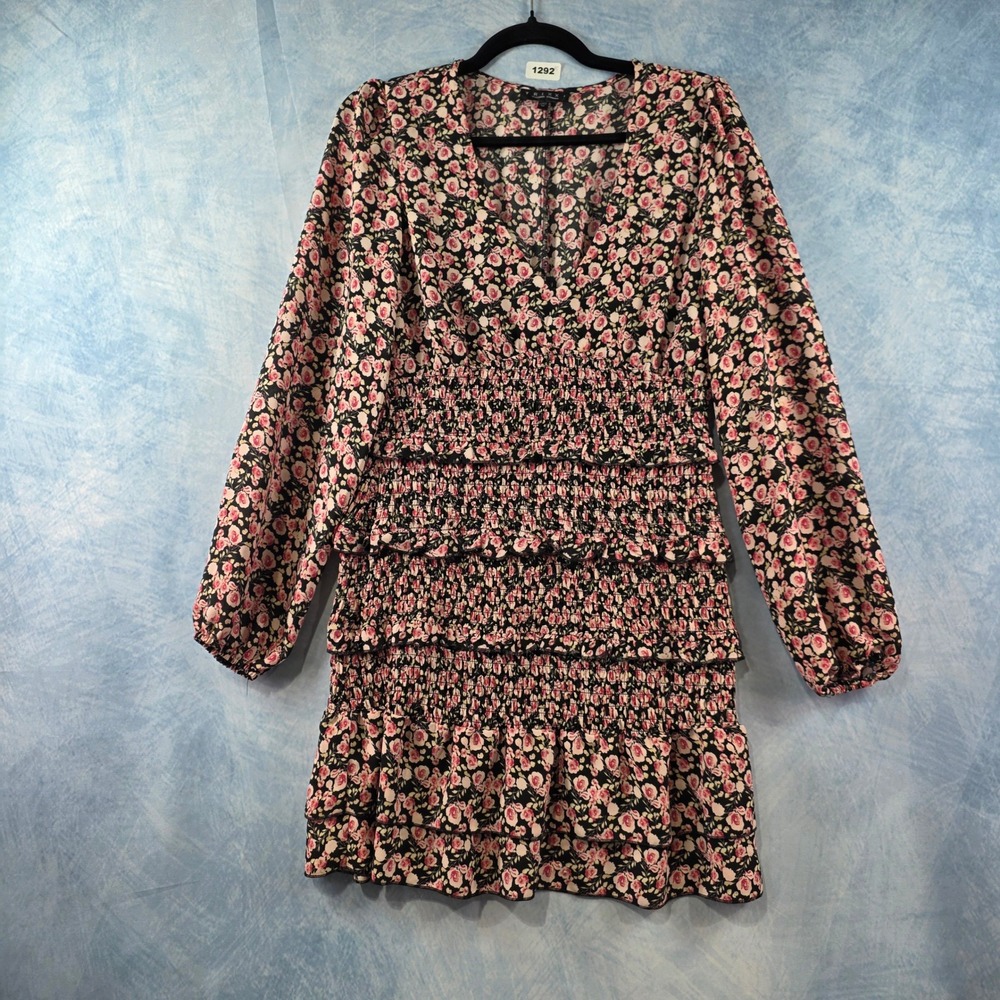 Trixxi Floral Smocked Mini Dress Women Sz M Pink Black V-Neck Long Sleeve Ruffle